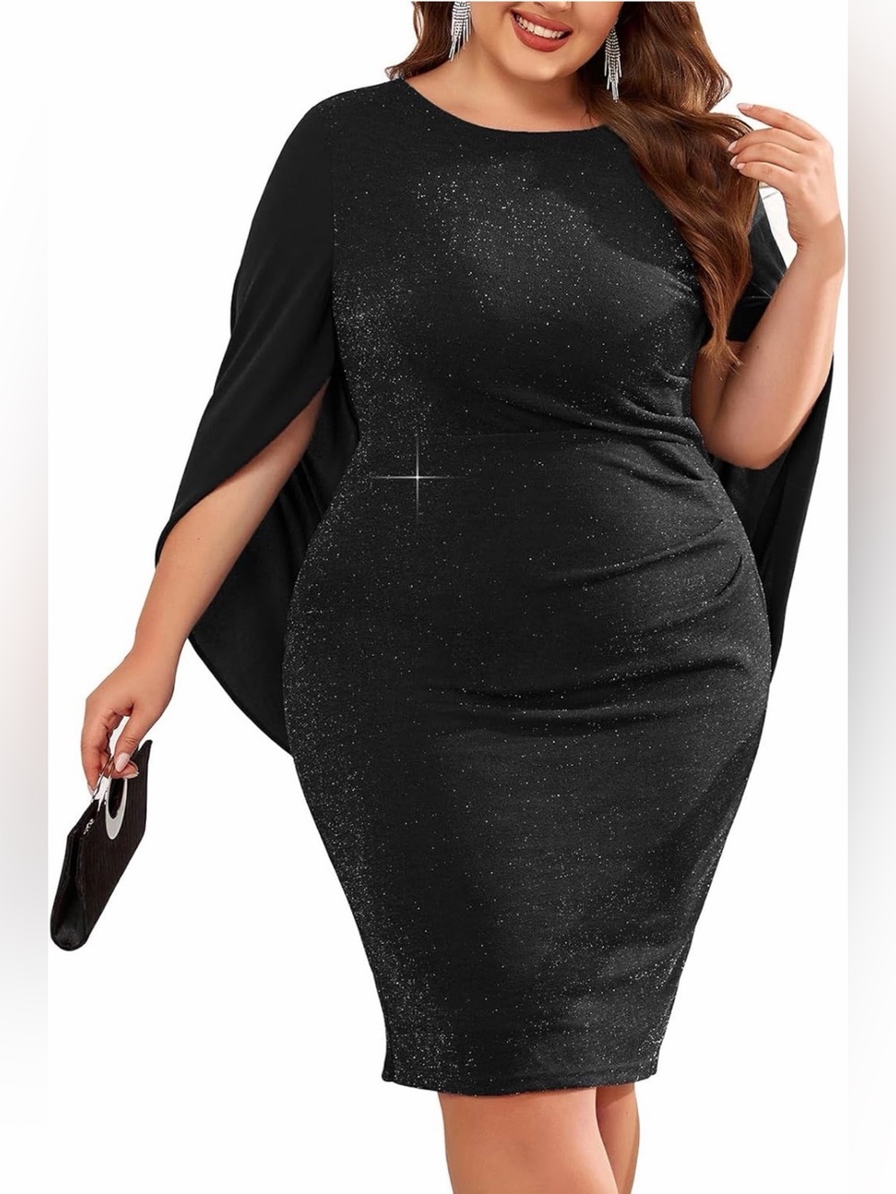 Plus Size Black Sparkle Cape Sleeve Dress